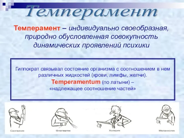 Темперамент Темперамент – индивидуально своеобразная, природно обусловленная совокупность динамических проявлений психики