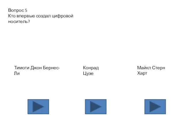 Вопрос 5 Кто впервые создал цифровой носитель? Майкл Стерн Харт Конрад Цузе Тимоти Джон Бернес-Ли