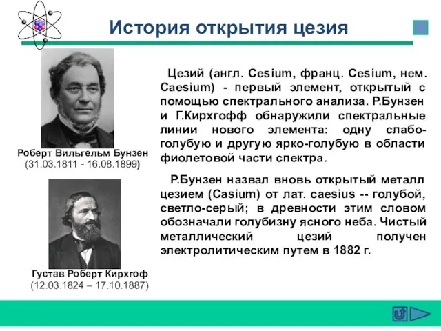 Цезий (англ. Cesium, франц. Cesium, нем. Caesium) - первый элемент, открытый