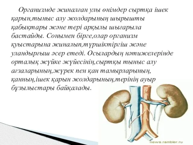 Организмде жиналған улы өнімдер сыртқа ішек қарын,тыныс алу жолдарының шырышты қабықтары