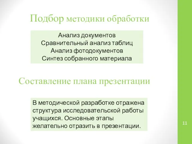 Подбор методики обработки Составление плана презентации Анализ документов Сравнительный анализ таблиц