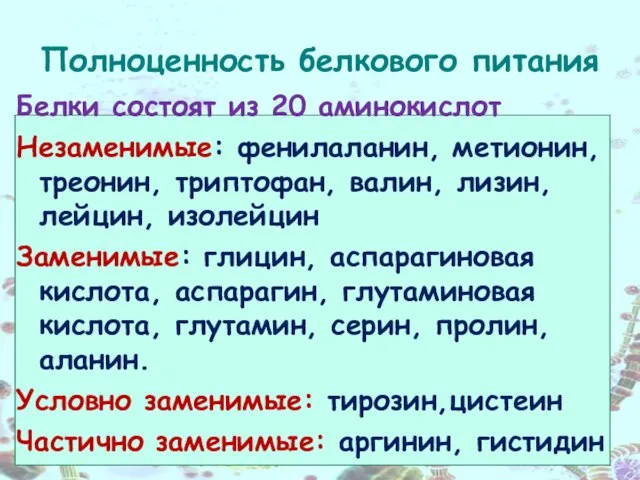 Полноценность белкового питания Белки состоят из 20 аминокислот Незаменимые: фенилаланин, метионин,