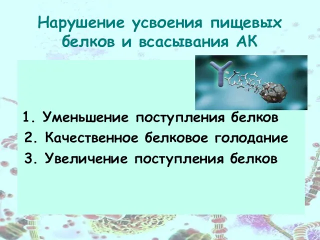 Нарушение усвоения пищевых белков и всасывания АК 1. Уменьшение поступления белков