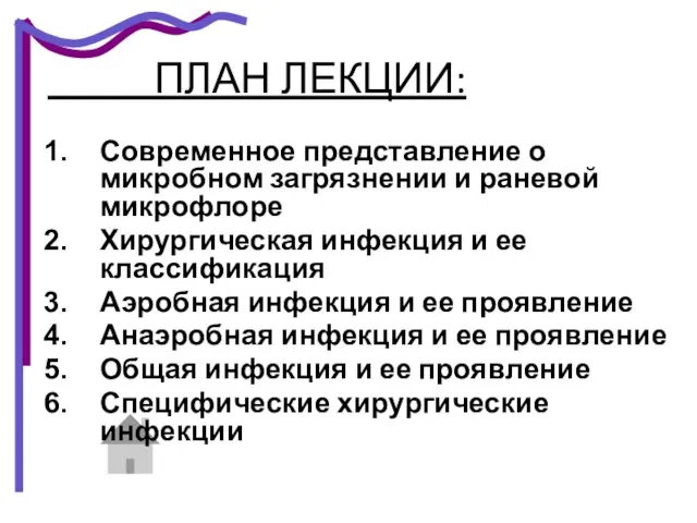 ПЛАН ЛЕКЦИИ: Современное представление о микробном загрязнении и раневой микрофлоре Хирургическая