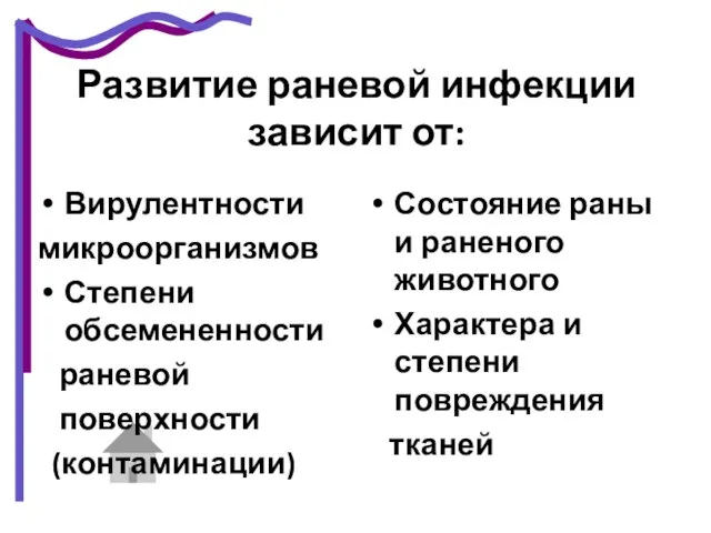 Развитие раневой инфекции зависит от: Вирулентности микроорганизмов Степени обсемененности раневой поверхности