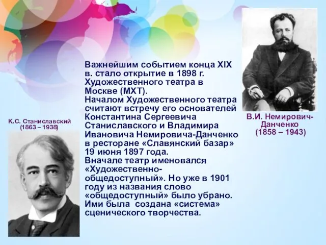 К.С. Станиславский (1863 – 1938) В.И. Немирович-Данченко (1858 – 1943) Важнейшим