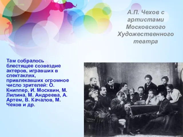 А.П. Чехов с артистами Московского Художественного театра Там собралось блестящее созвездие