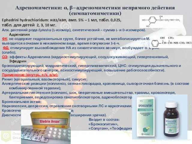 Адреномиметики: α, β−адреномиметики непрямого действия (симпатомиметики) Ephedrini hydrochloridum: наз/кап, амп. 5%