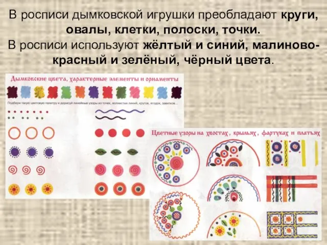 В росписи дымковской игрушки преобладают круги, овалы, клетки, полоски, точки. В