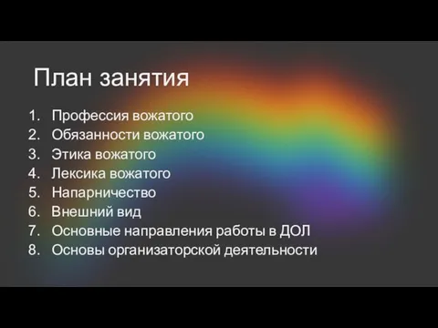 План занятия Профессия вожатого Обязанности вожатого Этика вожатого Лексика вожатого Напарничество