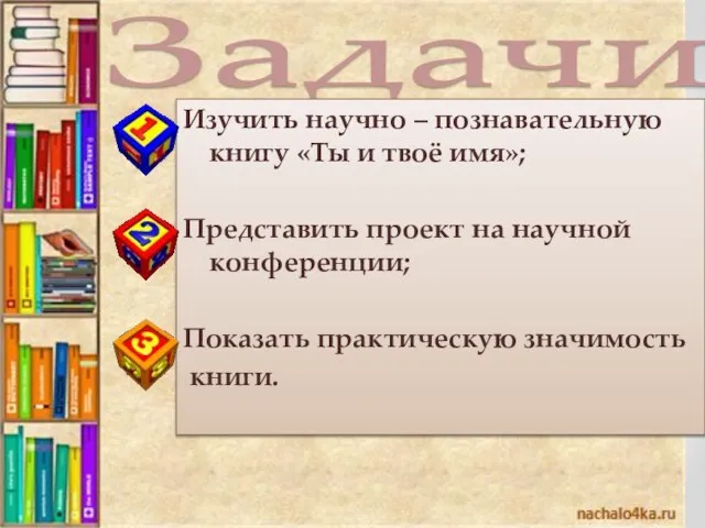 Задачи: Изучить научно – познавательную книгу «Ты и твоё имя»; Представить