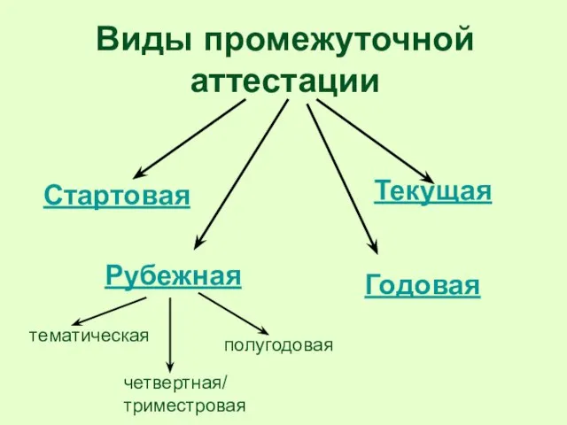 Виды промежуточной аттестации Стартовая Текущая Рубежная тематическая четвертная/ триместровая полугодовая Годовая