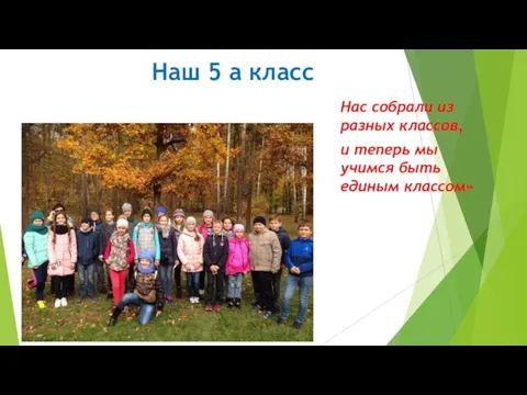 Наш 5 а класс Нас собрали из разных классов, и теперь мы учимся быть единым классом»