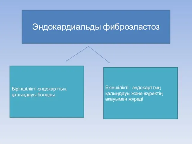 Эндокардиальды фиброэластоз Біріншілікті-эндокарттың қалыңдауы болады. Екіншілікті - эндокарттың қалыңдауы және жүректің акауымен жүреді