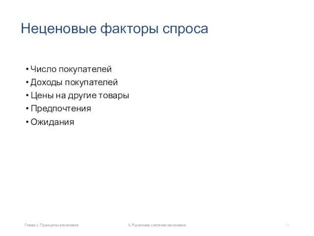 Неценовые факторы спроса Число покупателей Доходы покупателей Цены на другие товары