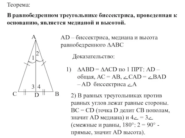 1 2 А В С D Теорема: В равнобедренном треугольнике биссектриса,