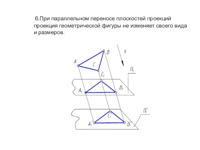 6.При параллельном переносе плоскостей проекций проекция геометрической фигуры не изменяет своего вида и размеров.