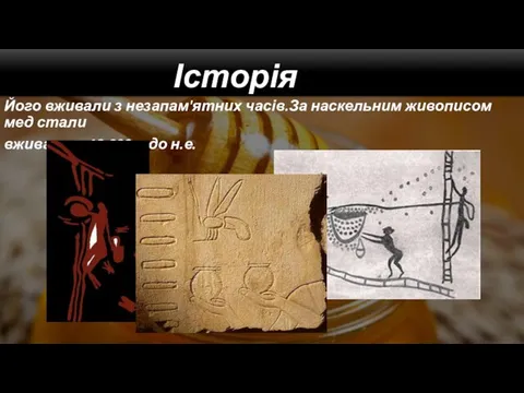 Його вживали з незапам'ятних часів.За наскельним живописом мед стали вживати з 13.000 р.до н.е. Історія