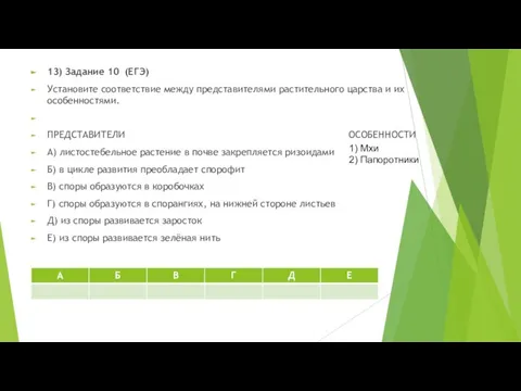 13) Задание 10 (ЕГЭ) Установите соответствие между представителями растительного царства и