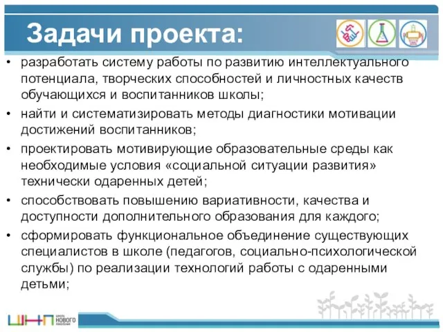 Задачи проекта: разработать систему работы по развитию интеллектуального потенциала, творческих способностей