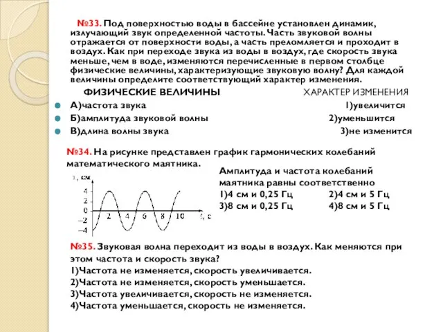 №33. Под поверхностью воды в бассейне установлен динамик, излучающий звук определенной