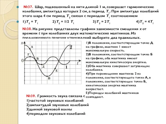 №37. Шар, подвешенный на нити длиной 1 м, совершает гармонические колебания,