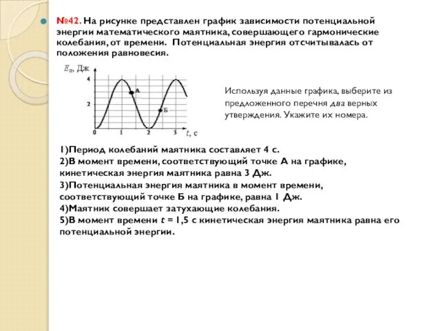 №42. На рисунке представлен график зависимости потенциальной энергии математического маятника, совершающего