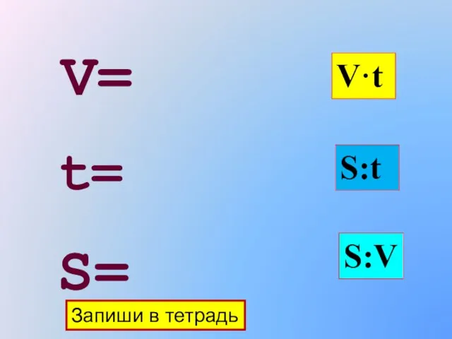 V·t S:t S:V t= S= V= Запиши в тетрадь