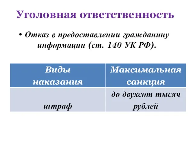Уголовная ответственность Отказ в предоставлении гражданину информации (ст. 140 УК РФ).