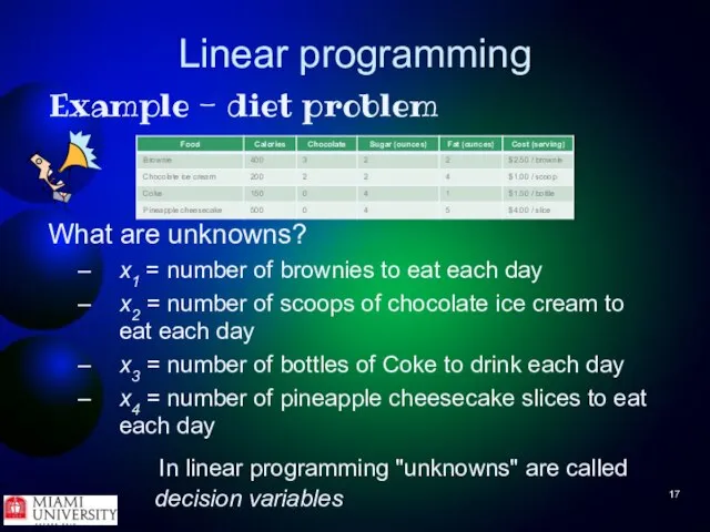 Linear programming Example - diet problem What are unknowns? x1 =