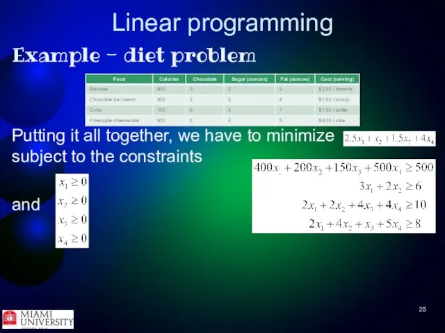 Linear programming Example - diet problem Putting it all together, we