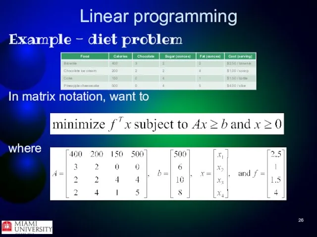 Linear programming Example - diet problem In matrix notation, want to where