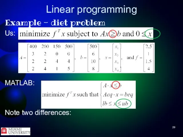 Linear programming Example - diet problem Us: MATLAB: Note two differences: