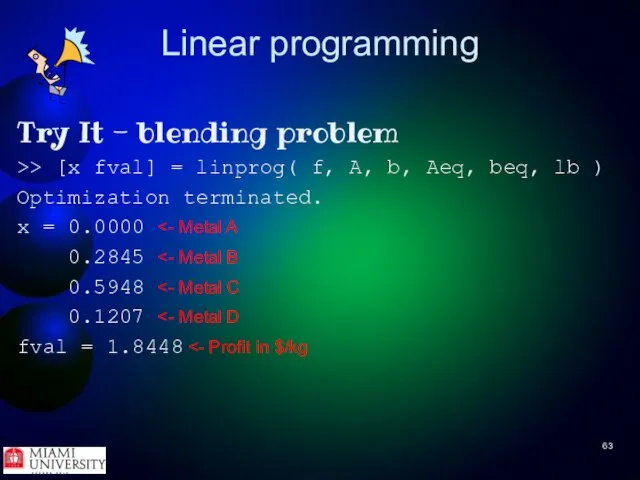 Linear programming Try It - blending problem >> [x fval] =