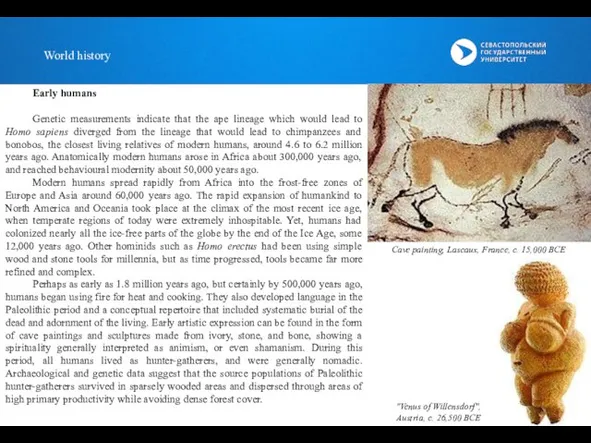 World history Early humans Genetic measurements indicate that the ape lineage