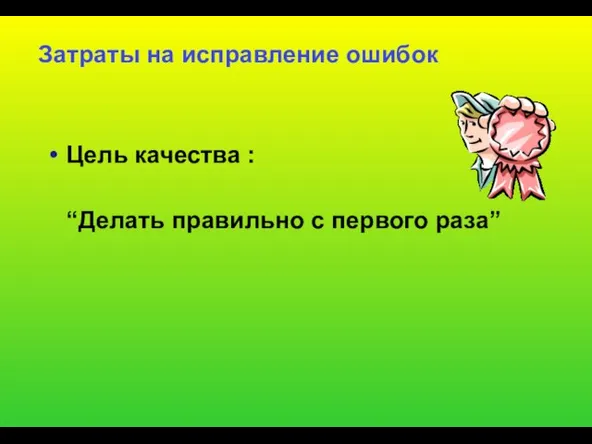 Затраты на исправление ошибок Цель качества : “Делать правильно с первого раза”