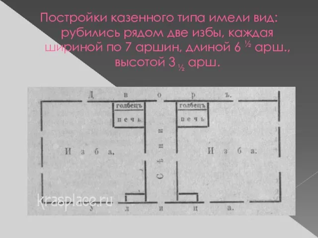 Постройки казенного типа имели вид: рубились рядом две избы, каждая шириной