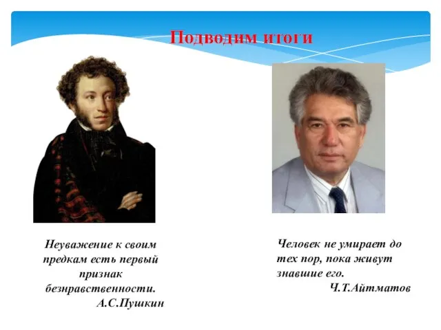 Подводим итоги Неуважение к своим предкам есть первый признак безнравственности. А.С.Пушкин