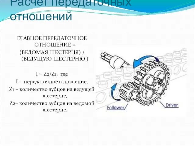 Расчет передаточных отношений ГЛАВНОЕ ПЕРЕДАТОЧНОЕ ОТНОШЕНИЕ = (ВЕДОМАЯ ШЕСТЕРНЯ) / (ВЕДУЩУЮ