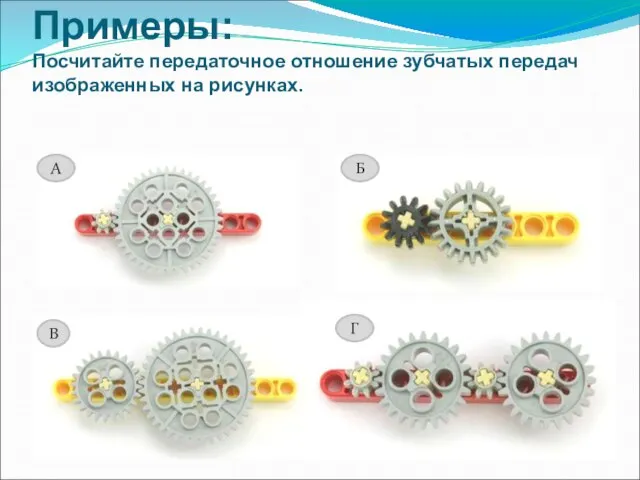 Примеры: Посчитайте передаточное отношение зубчатых передач изображенных на рисунках. А Б В Г