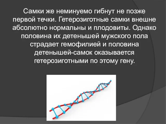 Самки же неминуемо гибнут не позже первой течки. Гетерозиготные самки внешне