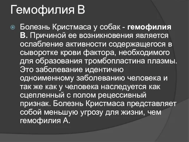 Гемофилия В Болезнь Кристмаса у собак - гемофилия В. Причиной ее