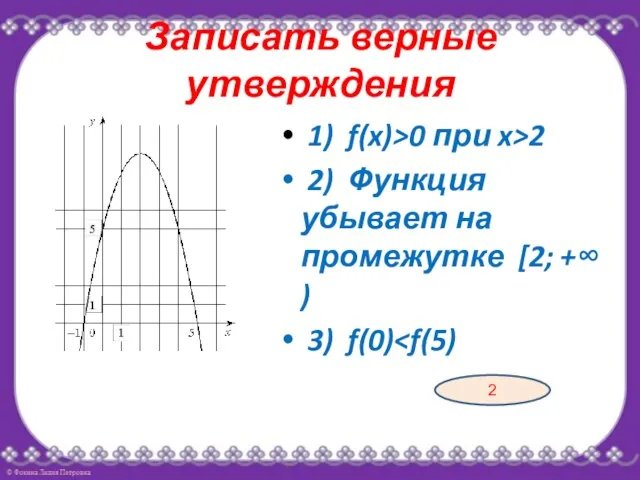 Записать верные утверждения 1) f(x)>0 при x>2 2) Функция убывает на