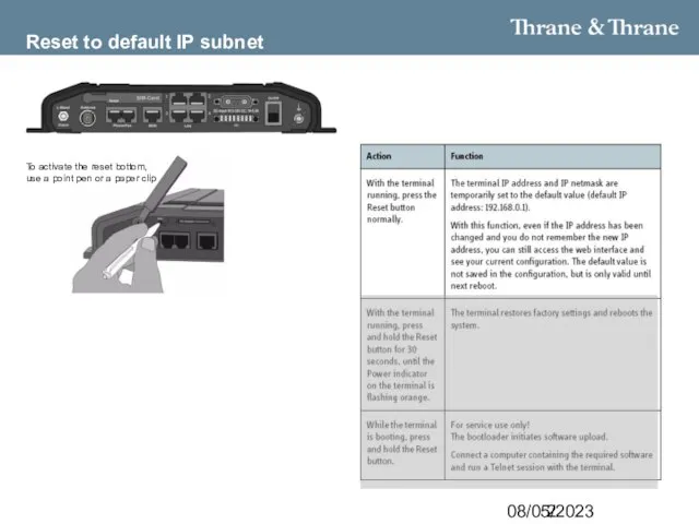 08/05/2023 Reset to default IP subnet To activate the reset bottom,