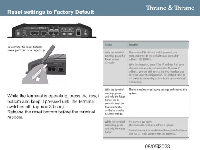 08/05/2023 Reset settings to Factory Default To activate the reset bottom,