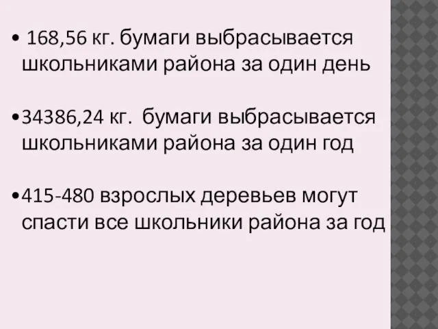 168,56 кг. бумаги выбрасывается школьниками района за один день 34386,24 кг.