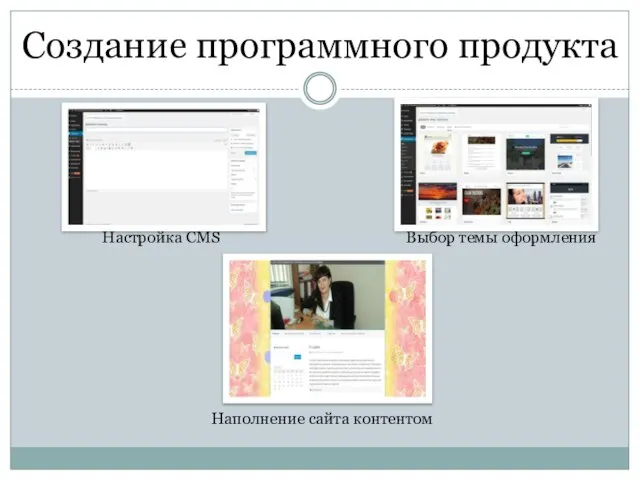 Создание программного продукта Настройка CMS Выбор темы оформления Наполнение сайта контентом