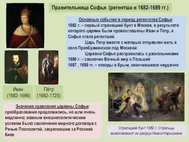 Пётр (1682-1725) Правительница Софья (регентша в 1682-1689 гг.) Иван (1682-1696) Основные