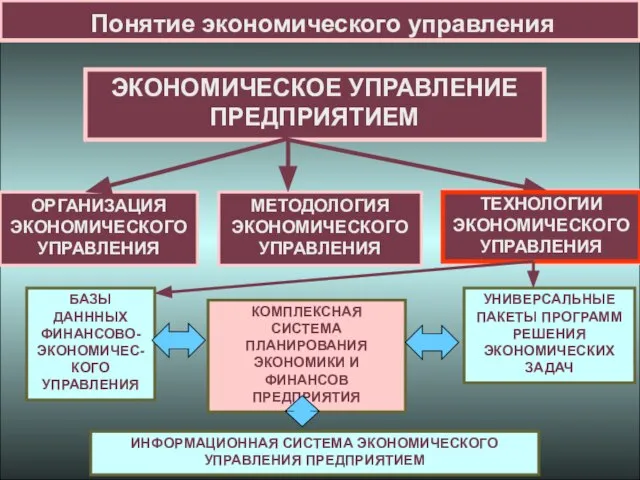 Понятие экономического управления ИНФОРМАЦИОННАЯ СИСТЕМА ЭКОНОМИЧЕСКОГО УПРАВЛЕНИЯ ПРЕДПРИЯТИЕМ БАЗЫ ДАНННЫХ ФИНАНСОВО-ЭКОНОМИЧЕС-КОГО