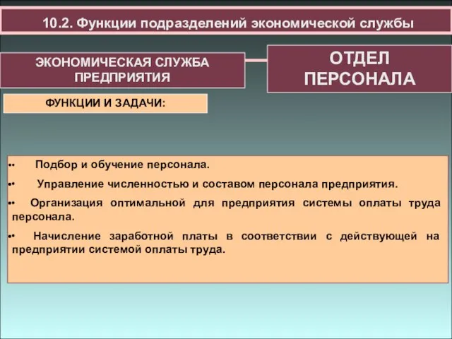 ЭКОНОМИЧЕСКАЯ СЛУЖБА ПРЕДПРИЯТИЯ ФУНКЦИИ И ЗАДАЧИ: ∙ Подбор и обучение персонала.